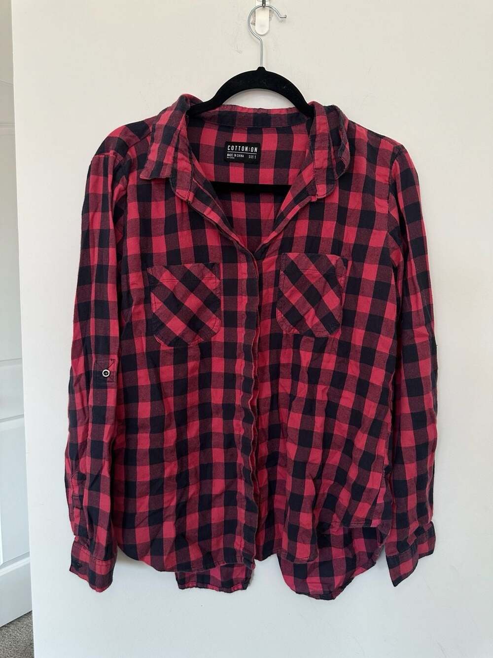 100% Cotton Cotton On Flannel Plaid Button Down Shirt Size S Red Black